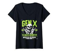 Donna Gen X The Badass Generation Scheletro Punk Rock Maglietta con Collo a V