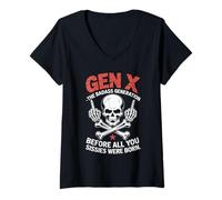 Donna Gen X The Badass Generation Skull Medio Finger Maglietta con Collo a V