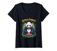 Donna Gentle Power Panda con Loto e bambù Maglietta con Collo a V