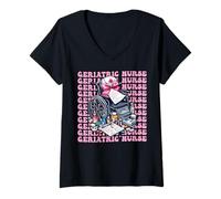 Donna Geriatric Nurse Nursing Geriatria Ragazza Coquette Bow Rosa Maglietta con Collo a V