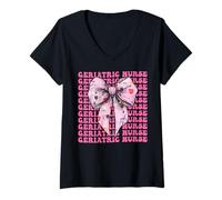 Donna Geriatric Nurse Nursing Geriatria Ragazza Coquette Bow Rosa Maglietta con Collo a V