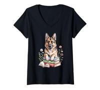 Donna German Shepherd GSD Bookworm Flowers Book Reading Books Maglietta con Collo a V
