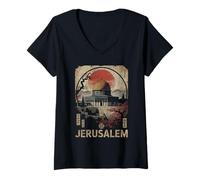 Donna Gerusalemme Cupola della Roccia Red Sun Cherry Blossom Graphic Maglietta con Collo a V