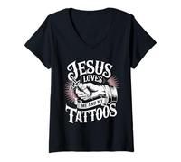 Donna Gesù AMA Me E I Miei Tatuaggi Maglietta con Collo a V