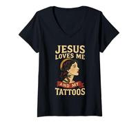 Donna Gesù AMA Me E I Miei Tatuaggi Maglietta con Collo a V