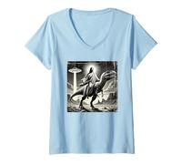 Donna Gesù Cavalcando Dinosauro, UFO, Divertente, Grafica Fredda, Pazzo Maglietta con Collo a V