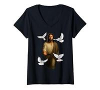Donna Gesù Che Cammina sull'acqua con Colombe Bianche Christian Art Faith Maglietta con Collo a V