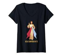 Donna Gesù confido in Te Divina Misericordia cattolica Maglietta con Collo a V