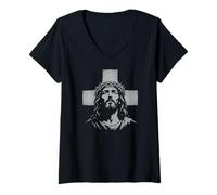 Donna Gesù Cristo Corona di Spine Cristiano Religioso Croce Maglietta con Collo a V