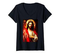 Donna Gesù Cristo Messia Ritratto Orientale Ortodosso Pittura Maglietta con Collo a V