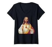 Donna Gesù Cristo Sacro Cuore Pace Segno Ritratto Maglietta con Collo a V
