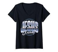 Donna Gesù Cristo Y2K Christian Chrome Anni '80 Fede Pasqua Maglietta con Collo a V
