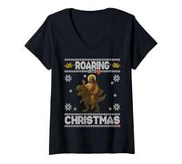 Donna Gesù Dinosauro Roaring Into Christmas Divertente Natale Maglietta con Collo a V