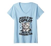 Donna Gesù è Il Mio copilota Stiamo navigando per Gatti Biblico Maglietta con Collo a V