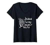 Donna Gesù è Il Mio Supereroe Design Farfalla Moda Spirituale Maglietta con Collo a V