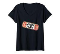 Donna Gesù guarisce Benda edificante Faith Believe Hearts Maglietta con Collo a V