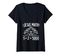 Donna Gesù Matematica 2 Pesci 5 Pane Nutre La Bibbia Miracolosa 5000 Maglietta con Collo a V