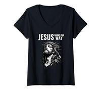 Donna Gesù Mostra Un Modo Inspirational Faith Design Maglietta con Collo a V
