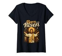 Donna Gesù Nato per Essere risorto Vita eterna Resurrezione Cristiana Maglietta con Collo a V