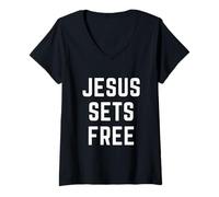 Donna Gesù Sets Free Christian Faith Bibbia Vangelo Regali Idea Maglietta con Collo a V