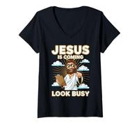 Donna Gesù Sta arrivando Sguardo Occupato Divertente dicendo Cristiano Maglietta con Collo a V