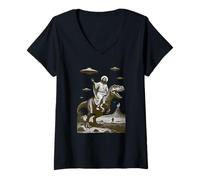 Donna Gesù sul dinosauro Alien Flying Saucer Bigfoot Maglietta con Collo a V