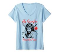 Donna Gesù Suo Sacrificio Pagato Il Prezzo Christian Manga Sketch Maglietta con Collo a V