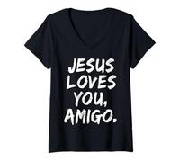 Donna Gesù Ti AMA Amigo Cristiano Credente Fede Dio Religioso Maglietta con Collo a V