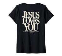 Donna Gesù Ti AMA Cristiano Bibbia Versetto 1 Giovanni 4:19 sul Retro Maglietta con Collo a V