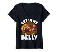 Donna Get in My Belly Cool Turkey Divertente Ringraziamento Maglietta con Collo a V