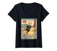 Donna Ghepardo Ninja Giappone Vintage Giapponese Ukiyo-e Art Maglietta con Collo a V