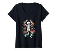Donna Ghirlanda floreale scheletro danzante divertente Halloween gotico Maglietta con Collo a V