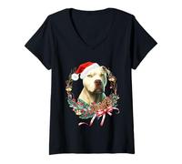 Donna Ghirlanda natalizia bianca con cane pitbull, The Soul Keeper Maglietta con Collo a V