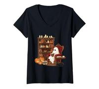 Donna Ghost Accogliente Lettura Bookworm Biblioteca Caldo Halloween Maglietta con Collo a V
