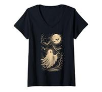 Donna Ghost Bats Luna Spettrale Infestato Creepy Halloween Maglietta con Collo a V