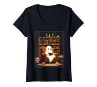 Donna Ghost Cozy Reading Book Lover Black Cat Library Halloween Maglietta con Collo a V
