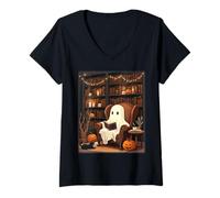 Donna Ghost Cozy Reading Bookworm Library Costume di Halloween Maglietta con Collo a V