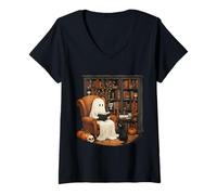 Donna Ghost Cozy Reading Library, Curioso Gatto Nero, Halloween Maglietta con Collo a V