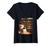 Donna Ghost Cozy Reading Library Zucche e Gatto Nero Halloween Maglietta con Collo a V