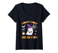 Donna Ghost Holding Black Cat Forget Candy Give Me A Cat Groovy Maglietta con Collo a V