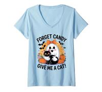 Donna Ghost Holding Black Cat Halloween Dimentica Le Caramelle Dammi Un Gatto Maglietta con Collo a V