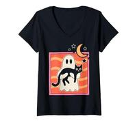 Donna Ghost Holding Black Cat Halloween Spooky Cute Cat Lover Maglietta con Collo a V