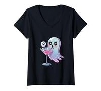 Donna Ghost Martini Pastello Gotico Halloween Maglietta con Collo a V
