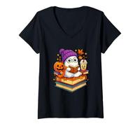 Donna Ghost Reading Book Halloween Coffee Spooky Autumn Fall Maglietta con Collo a V