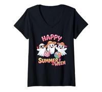 Donna Ghost Watermelon Ice Cream Happy Summerween Halloween Spooky Maglietta con Collo a V