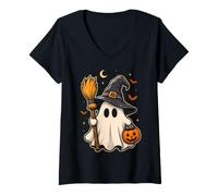 Donna Ghost Witch Halloween Carino Spettrale Zucca Scopa Maglietta con Collo a V
