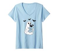 Donna Ghost With Pug Dog Halloween Maglietta con Collo a V