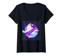 Donna Ghostbusters 80s Neo Logo Synthwave Cool Zuul Film Vintage Maglietta con Collo a V