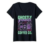 Donna Ghostly Grounds Coffee Spooky Halloween Coffee Humor Maglietta con Collo a V