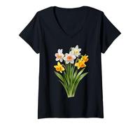 Donna Giallo Bianco Primavera Narciso Bouquet Forme Mania Maglietta con Collo a V